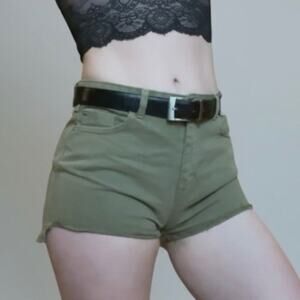 Stradivarius Olive Green High Rise Mini Denim Shorts
